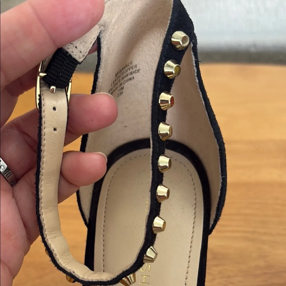 Marc Fisher Black Suede Stiletto Gold Studded Strappy Women's 11M Strappy Ankle